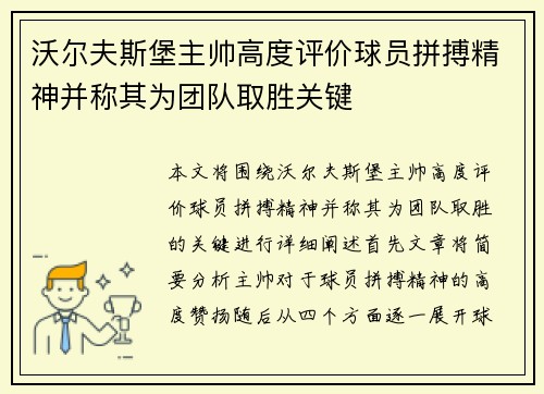 沃尔夫斯堡主帅高度评价球员拼搏精神并称其为团队取胜关键