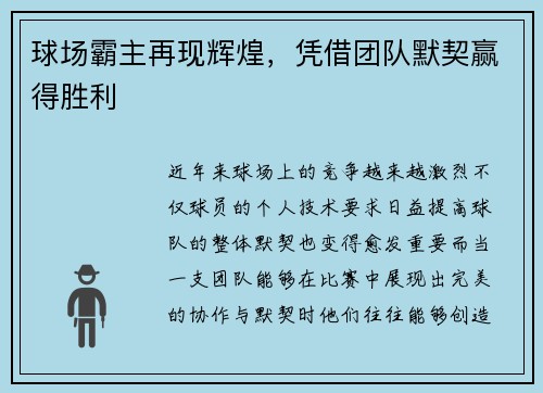 球场霸主再现辉煌，凭借团队默契赢得胜利