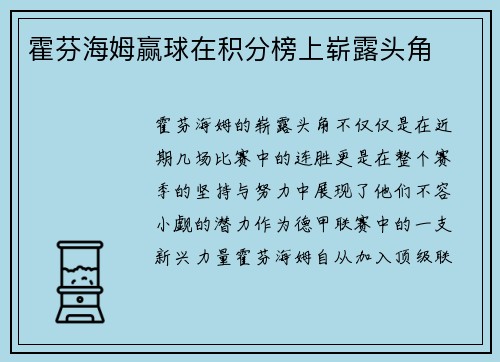 霍芬海姆赢球在积分榜上崭露头角