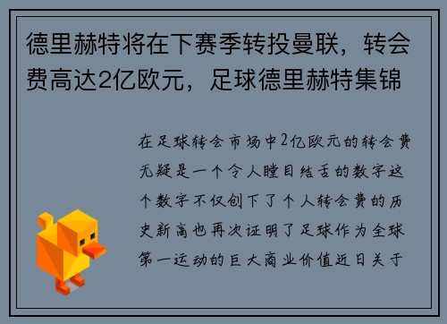 德里赫特将在下赛季转投曼联，转会费高达2亿欧元，足球德里赫特集锦