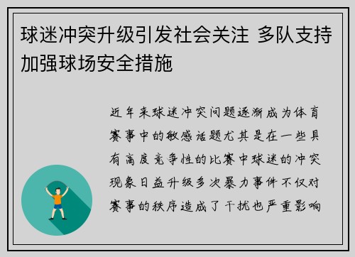 球迷冲突升级引发社会关注 多队支持加强球场安全措施